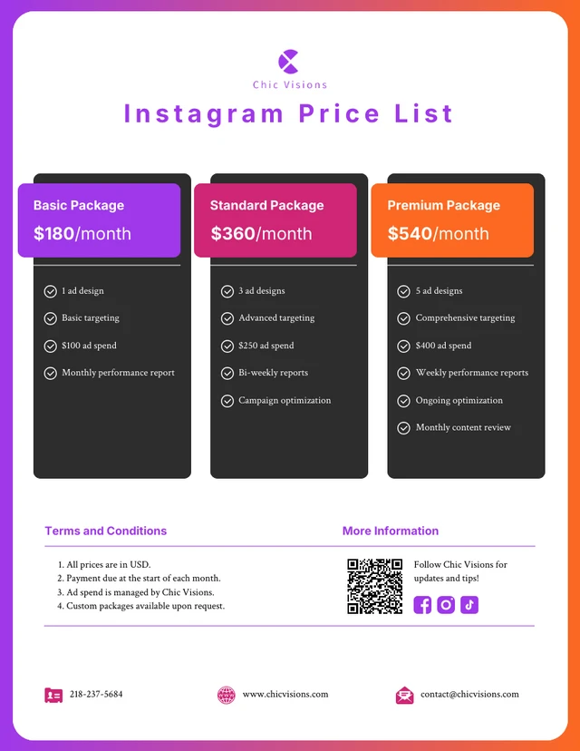 Modèle de liste de prix Instagram