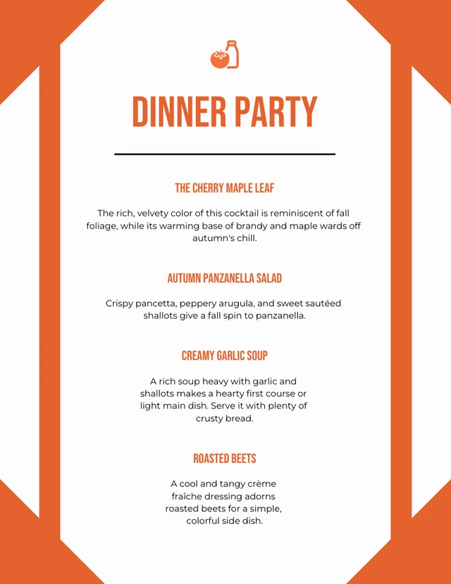 White And Orange Minimalist Dinner Party Menu Template