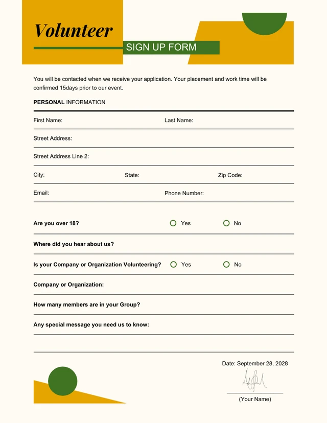 Simple Yellow and Green Sign Up Volunteer and Community Service Forms Template