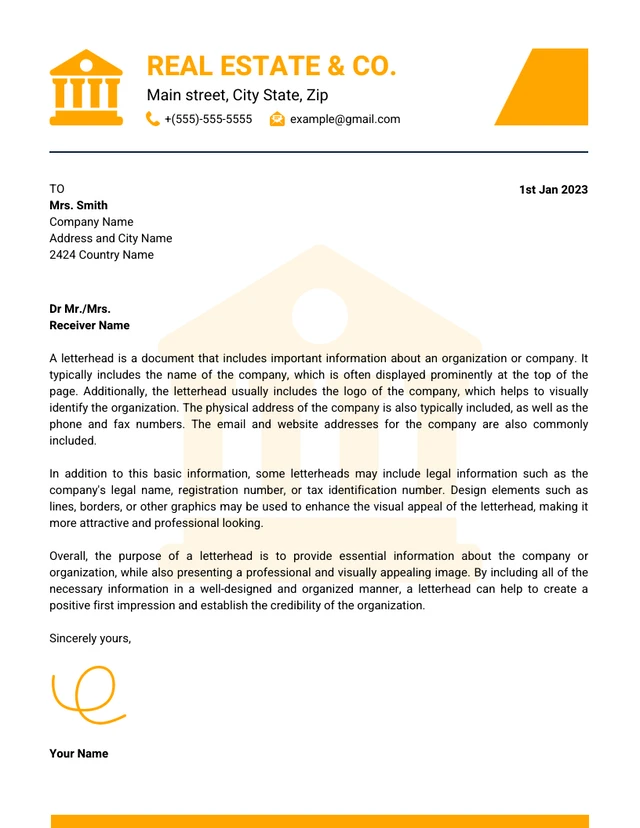 White And Yellow Simple Real Estate Letterhead Template
