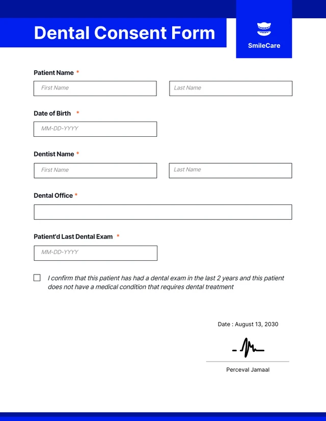 Clean Simple Smile Care Dental Consent Form Template