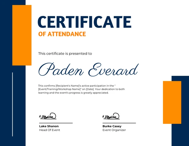 Navy And Orange Modern Attendance Certificate Template