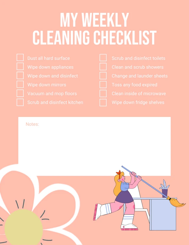 Light Pink Simple My Weekly Cleaning Checklist Template