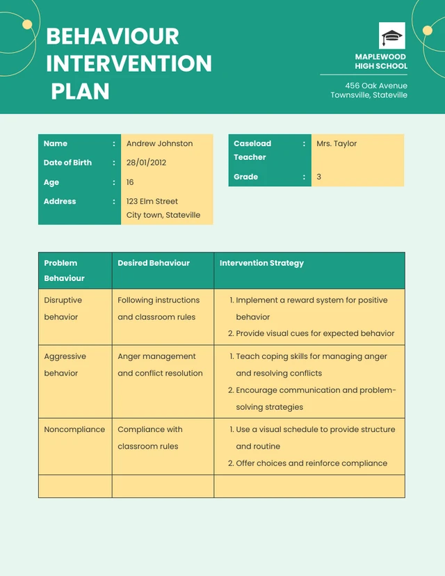 Simple Green & Yellow High School Behaviour Intervention Plan Template