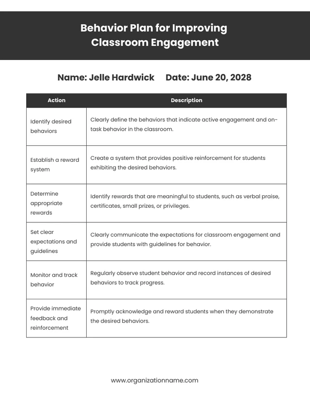 Black and White Improving Classroom Engagement Behavior Plan Template