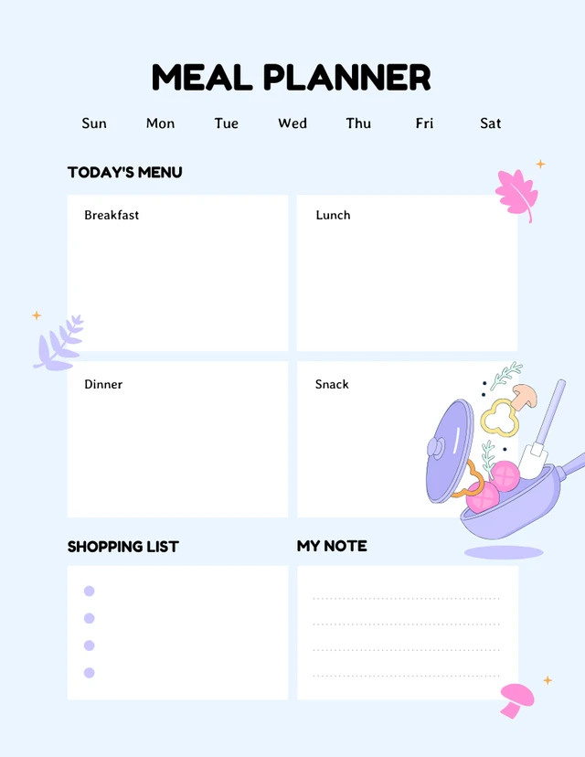 Light Blue Purple and Pink Simple Meal Planner Template