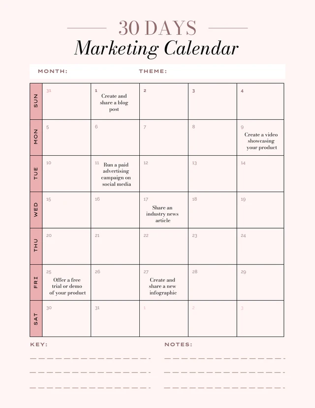 Soft Peach Pink Monthly Marketing Calendar Template