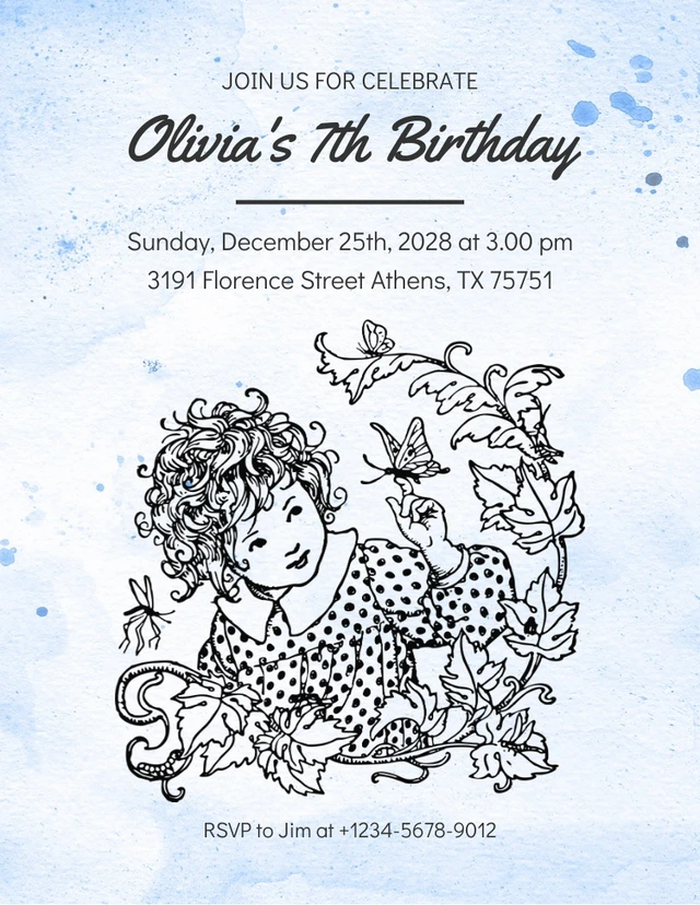 Blue Watercolor Classic Butterfly Birthday Invitation Template