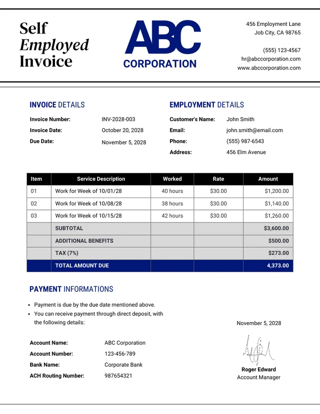 Elegant Clean Royal Blue Self-employed Invoice Template
