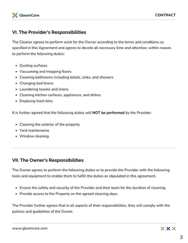 Vacation Rental Cleaning Contract Template - Page 3