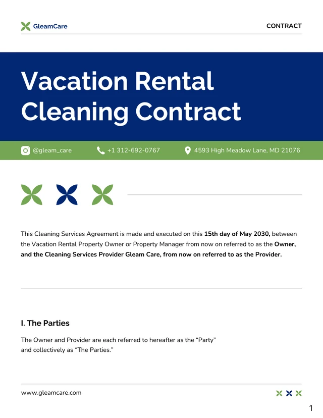 Vacation Rental Cleaning Contract Template - Page 1