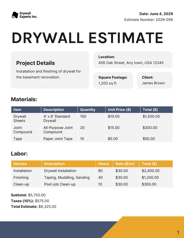 Drywall Estimate Template - Page 1