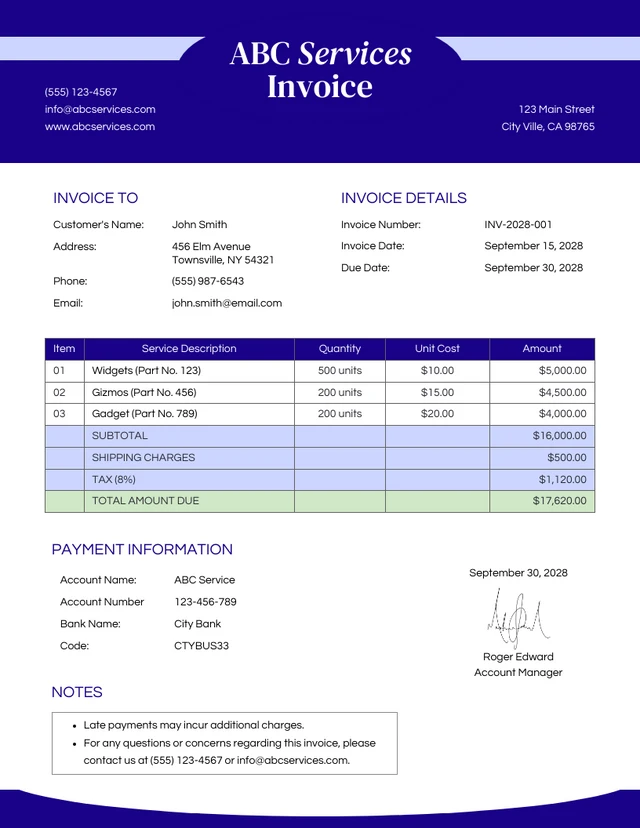 Clean Royal Blue Soft Neon Service Invoice Template