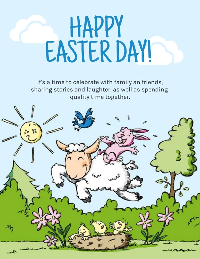 Babyblaue verspielte Illustration „Frohe Ostern“-Plakatvorlage