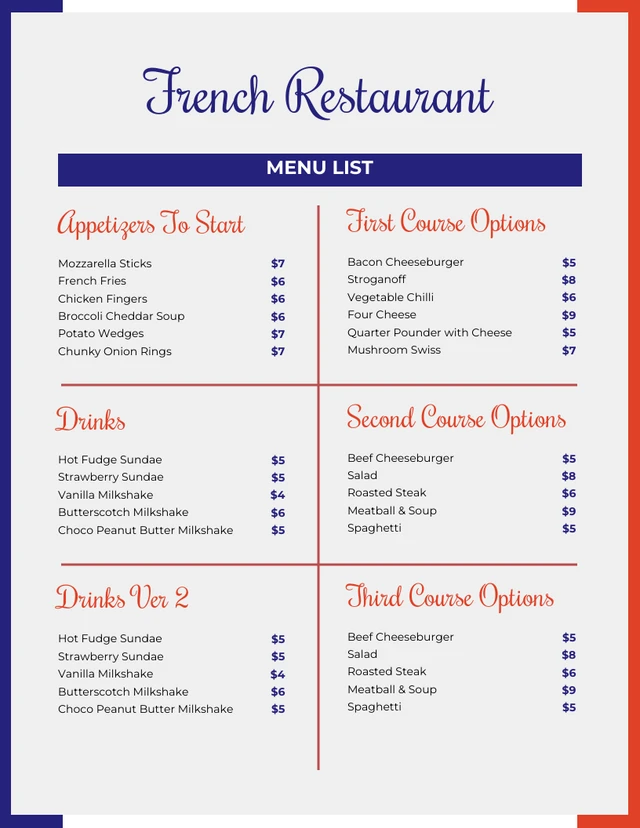 Modèle de menu français classique minimaliste blanc bleu et rouge