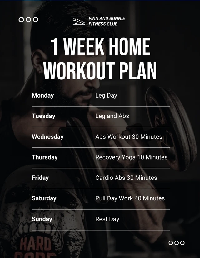 Black Minimalist 1-Week Home Workout Gym Schedule Template