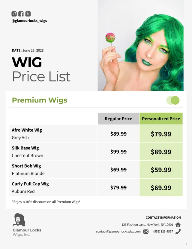 Wig Price List Template - page 1