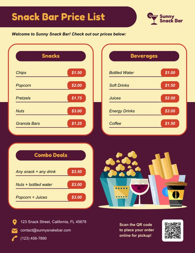 Modello di listino prezzi per snack bar