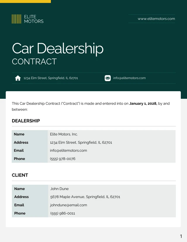 Car Dealership Contract Template - page 1