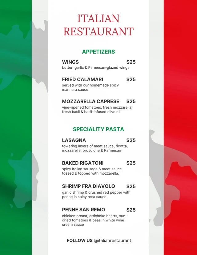 Green White Red Modern Flag Italian Restaurant Menu Template