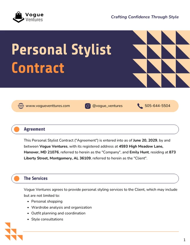 Personal Stylist Contract Template - page 1