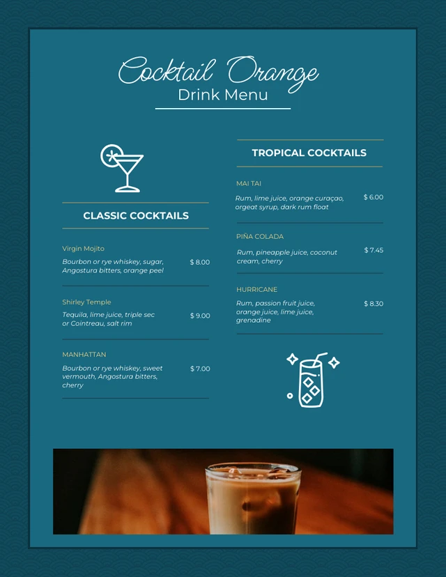 Modèle de menu de cocktails crème bleu foncé et vert
