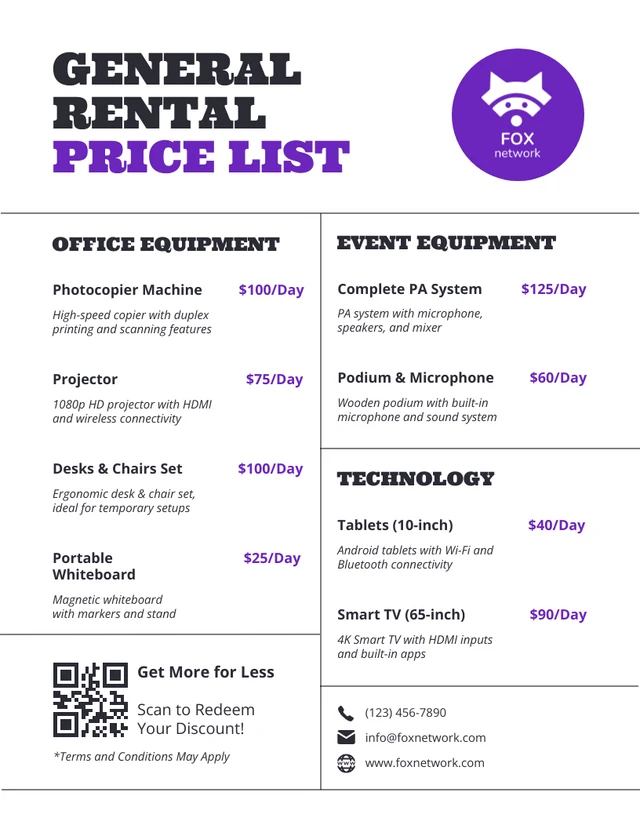 General Rental Price List Template - Venngage