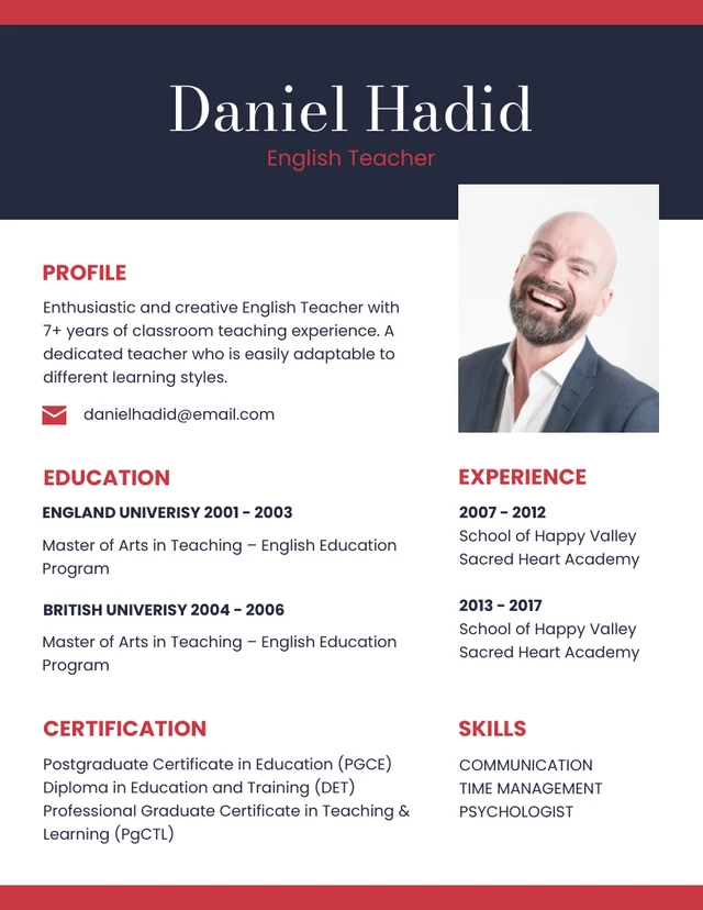 Navy Red And White Simple Minimalist Teacher Resume Template
