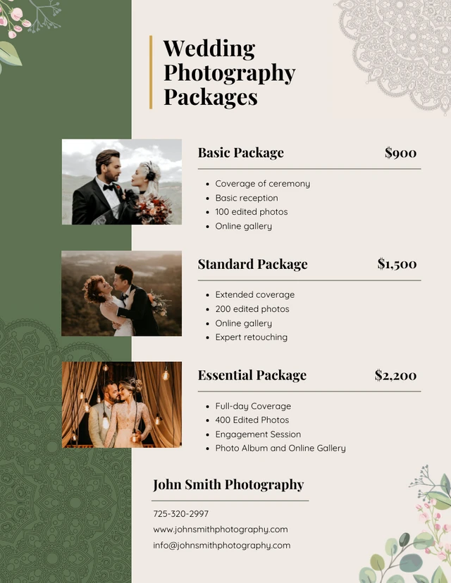 Plantilla elegante de lista de precios para fotógrafo en color crema y verde