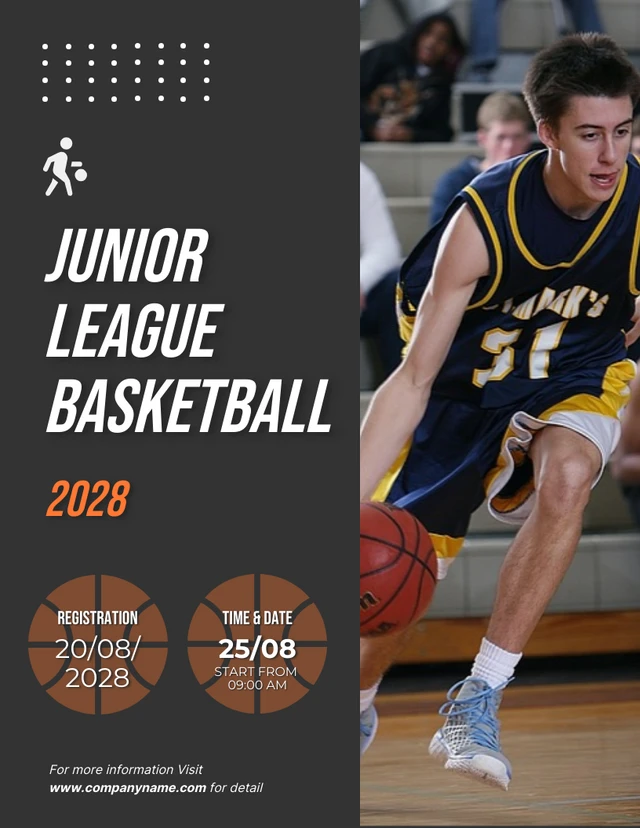 Dunkelgraue minimalistische Foto-Junior-Liga-Basketball-Poster-Vorlage