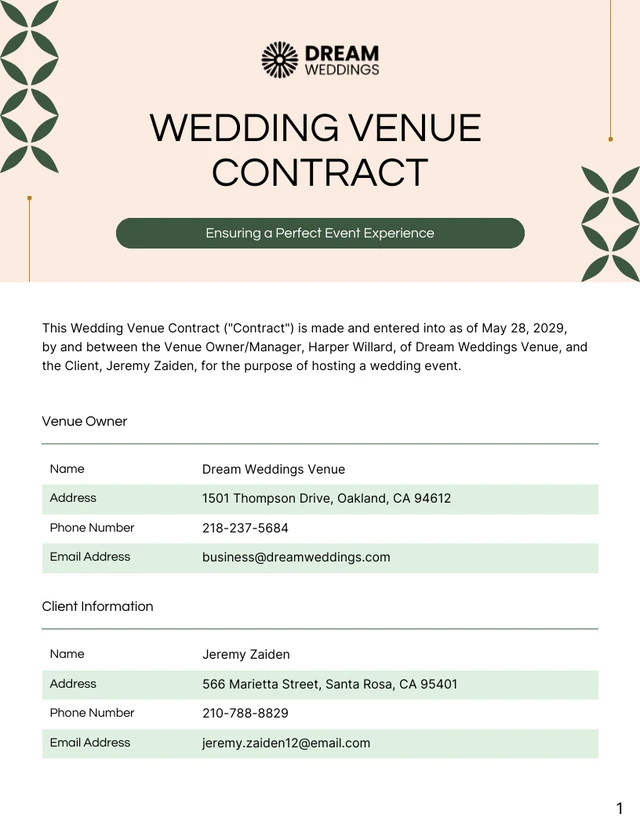 Wedding Venue Contract Template - page 1