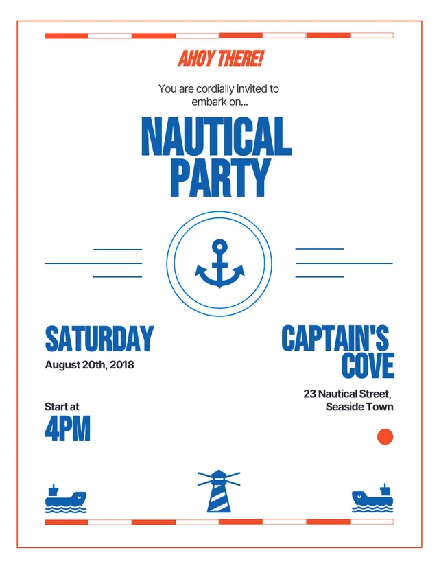 Simple Orange Blue Nautical Party Invitation Template