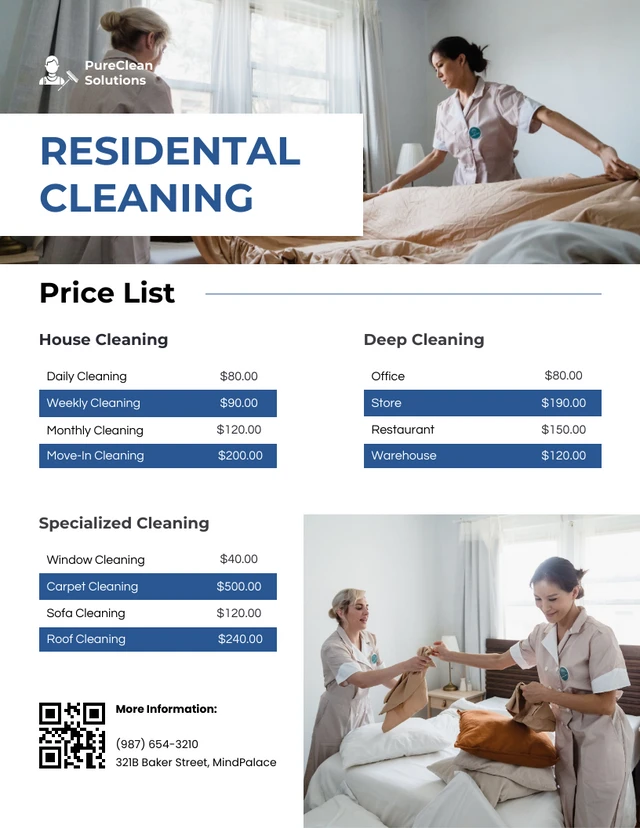 Modèle de listes de prix de nettoyage minimaliste blanc et bleu avec photos