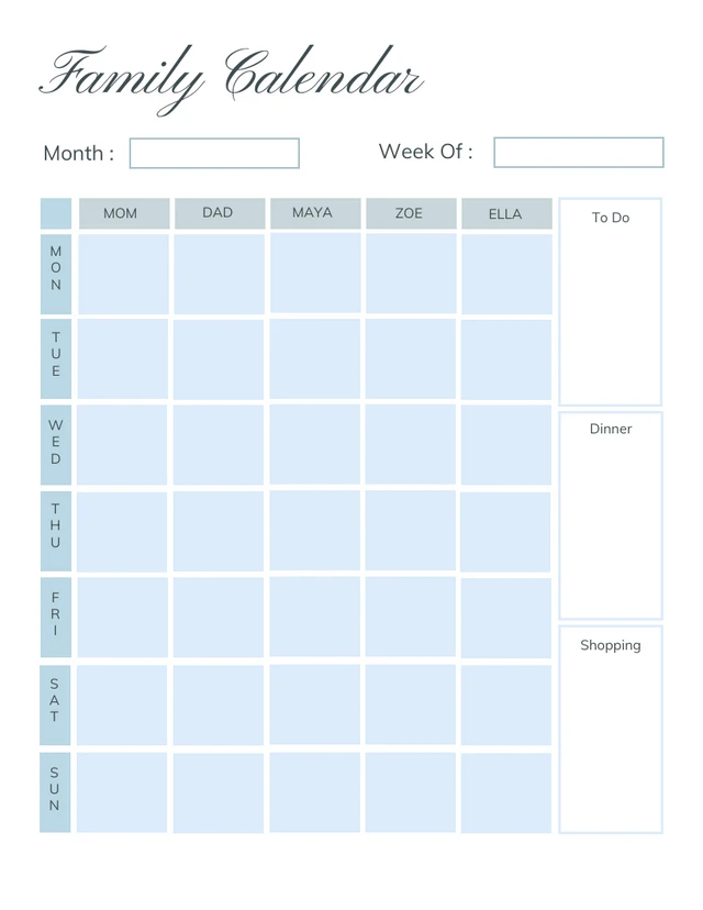 Blue Grid Family Calendar Schedule Template