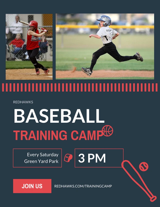 Red And Blue Baseball Training Camp Poster Template