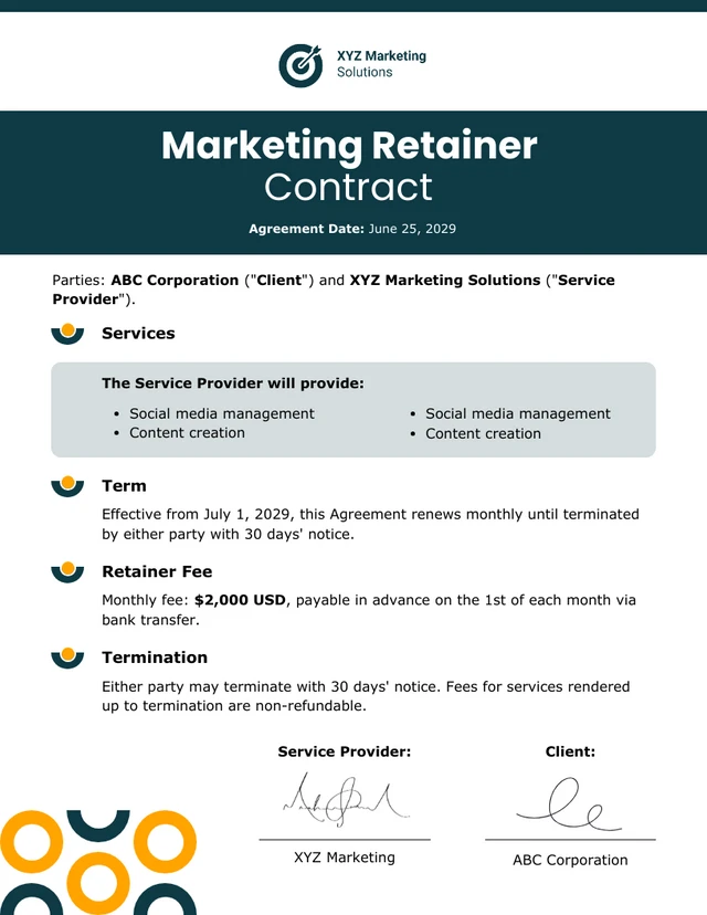 Modelo de contrato de retenção de marketing