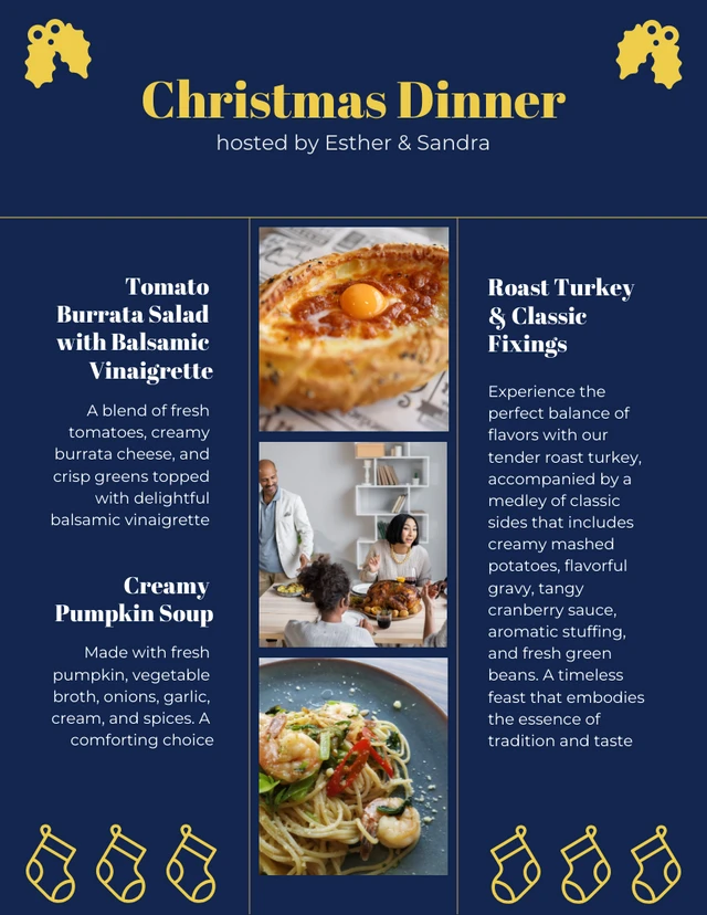 Navy Modern Christmas Dinner Party Menu Template
