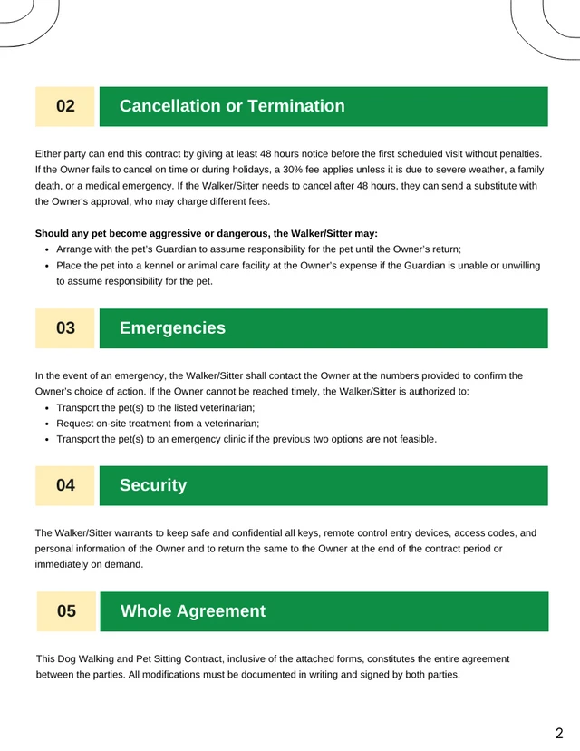 Dog Walking and Pet Sitting Contract Template - Page 2