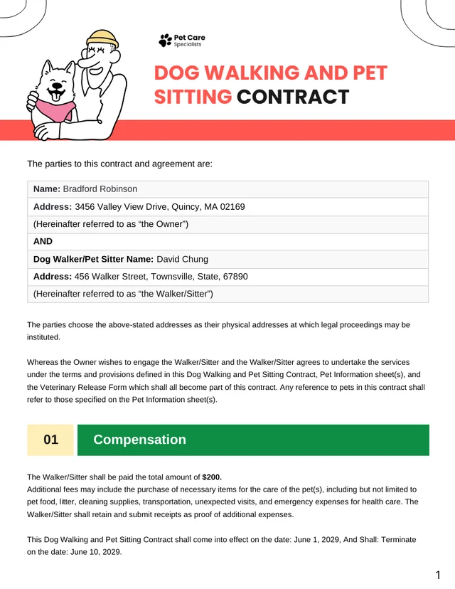 Dog Walking and Pet Sitting Contract Template - صفحة 1