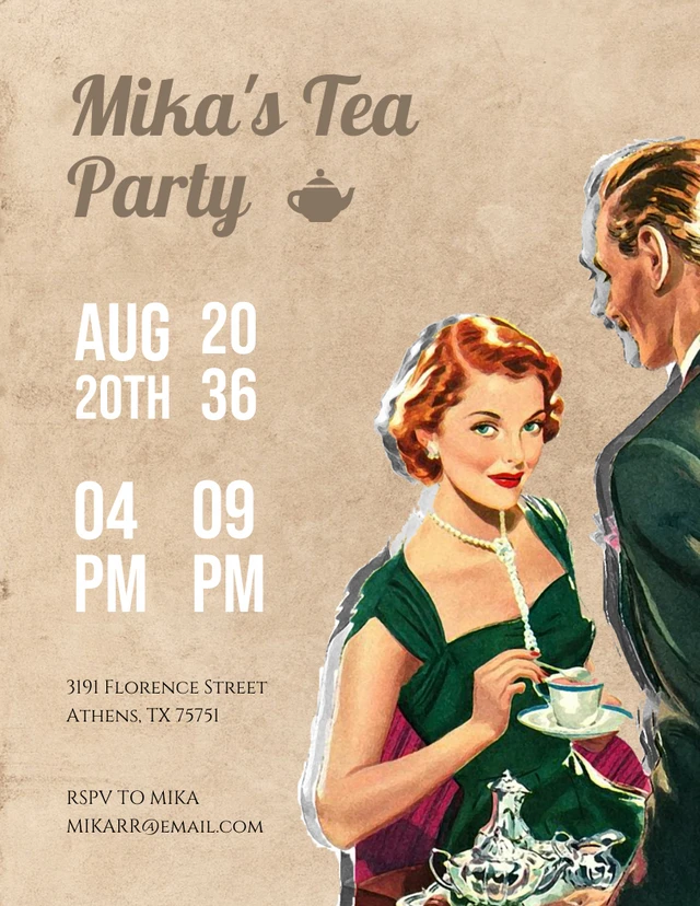 Brown Simple Vintage Classic Retro Tea Party Invitation Template