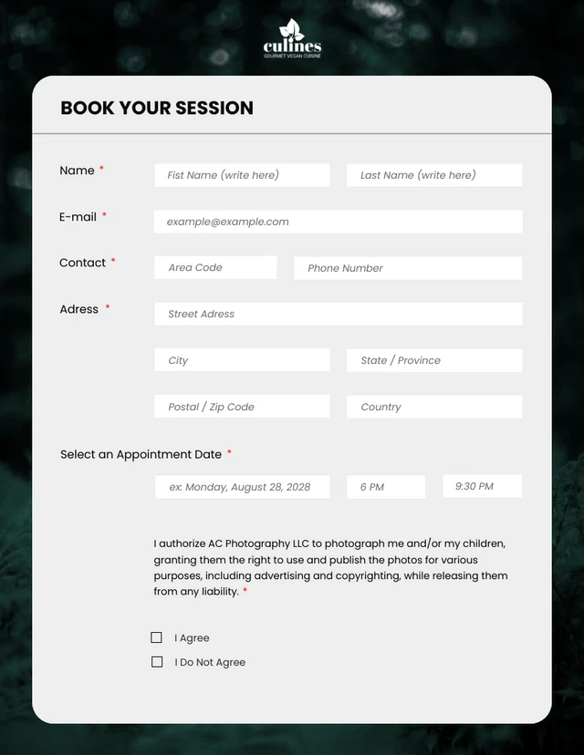 Simple Minimalist Photography Appointment Form Template