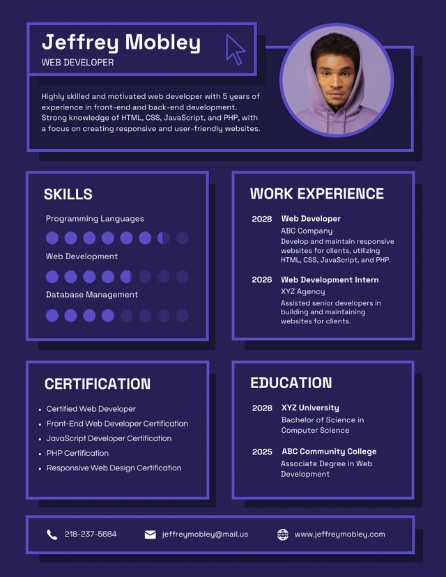 Modèle de CV technique pour développeur Web violet UI