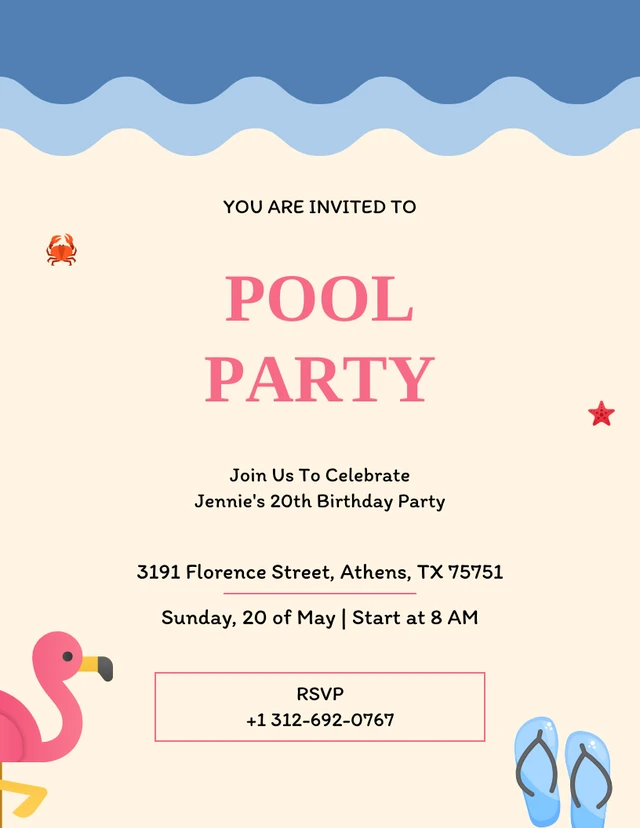 Blue Pink Colorfull Beach Pool Party Invitation Template