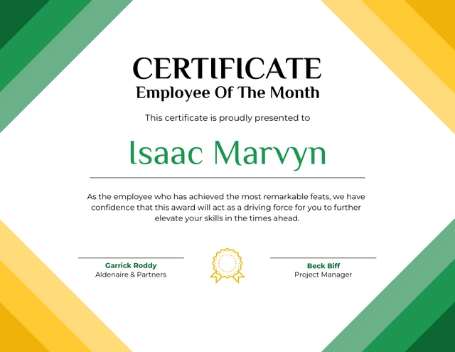 Green and Yellow Visual Employee-Of-The-Month Certificate Template