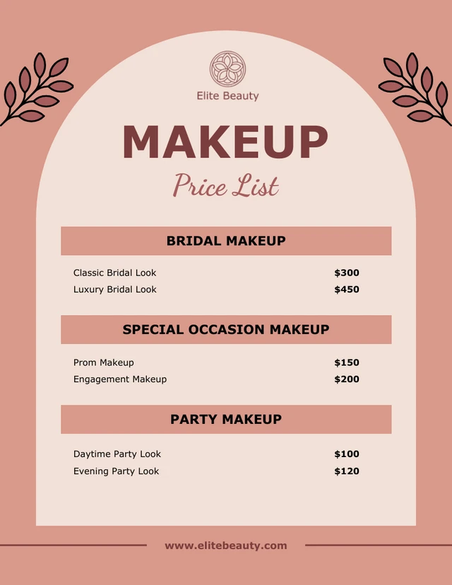 Modèle de liste de prix de maquillage