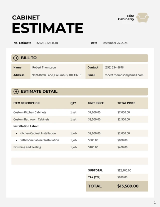 Cabinet Estimate Template - Seite 1