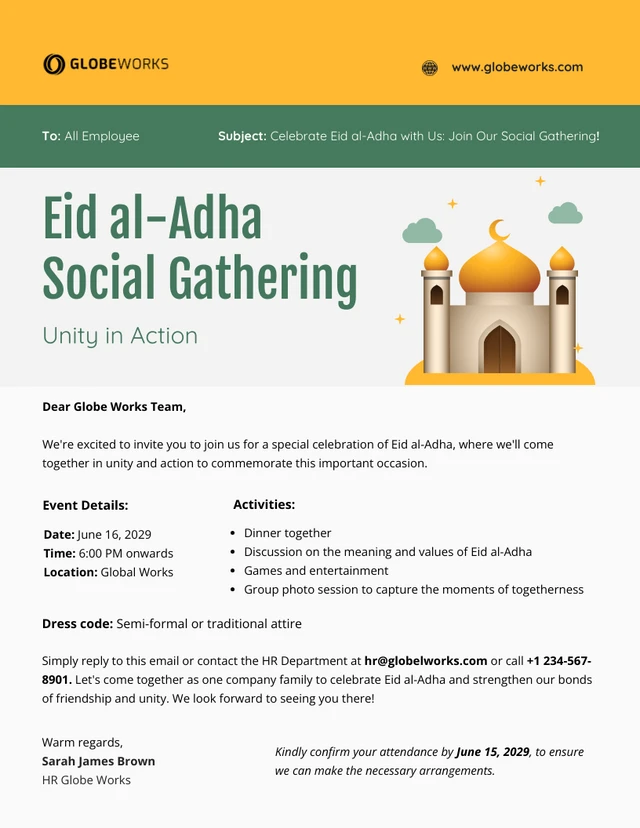 Plantilla de boletín informativo por correo electrónico Unidad en acción del encuentro social de Eid al-Adha