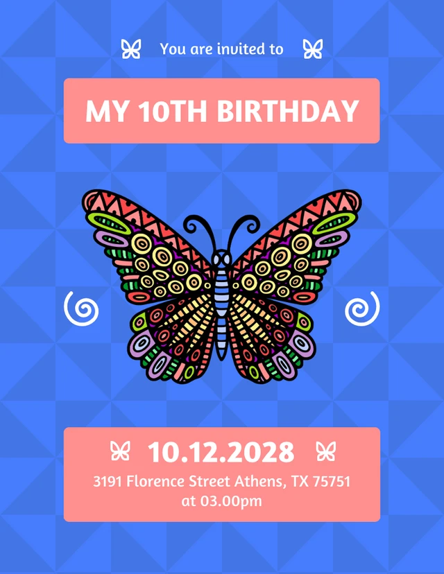 Blue Geometric Simple Butterfly Birthday Invitation Template