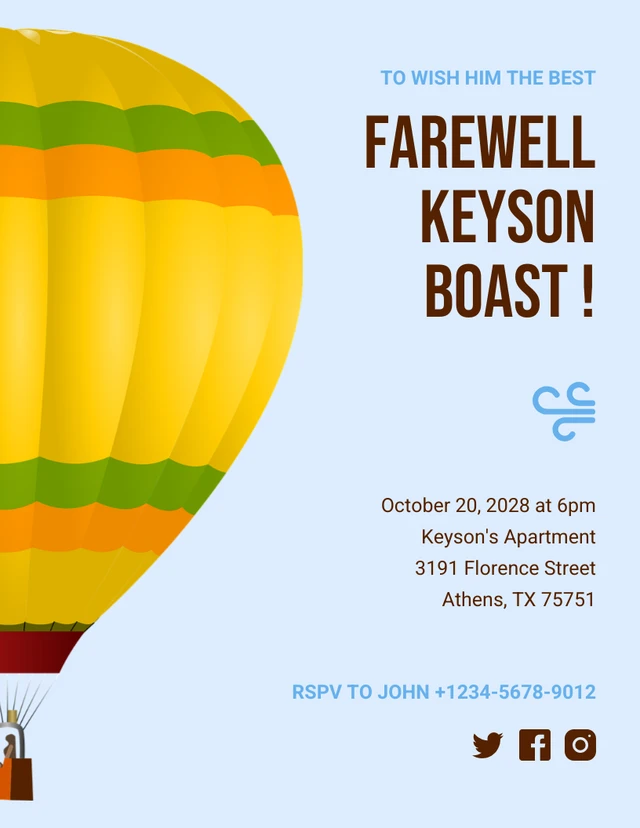 Blue Minimalist Modern Illustration AIr Balloon Farewell Party Invitation Template