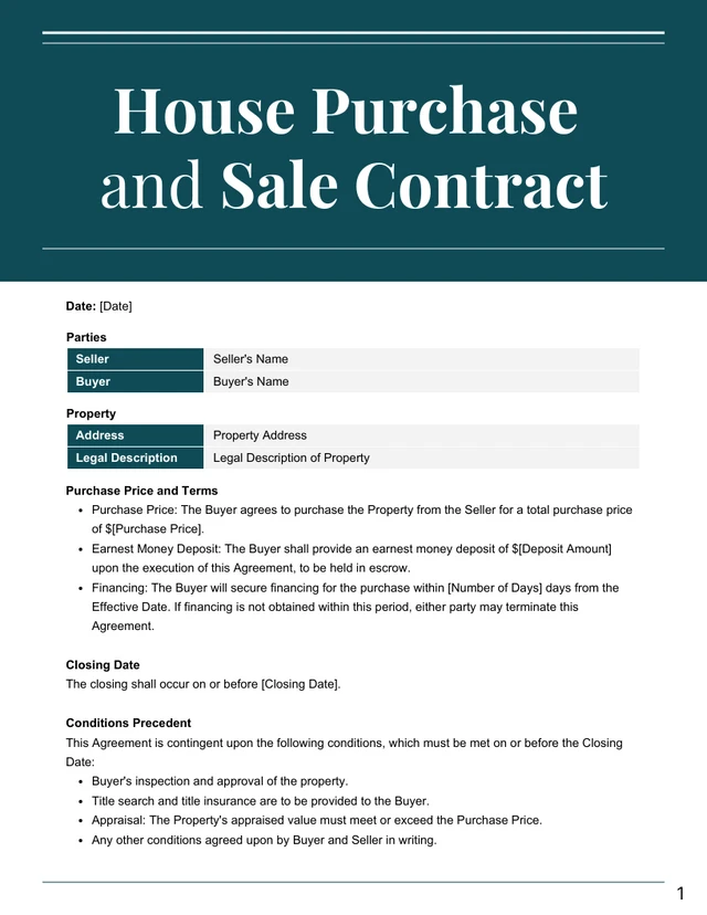 Teal and White Minimalist Purchase and Sale Agreement Contracts - Page 1